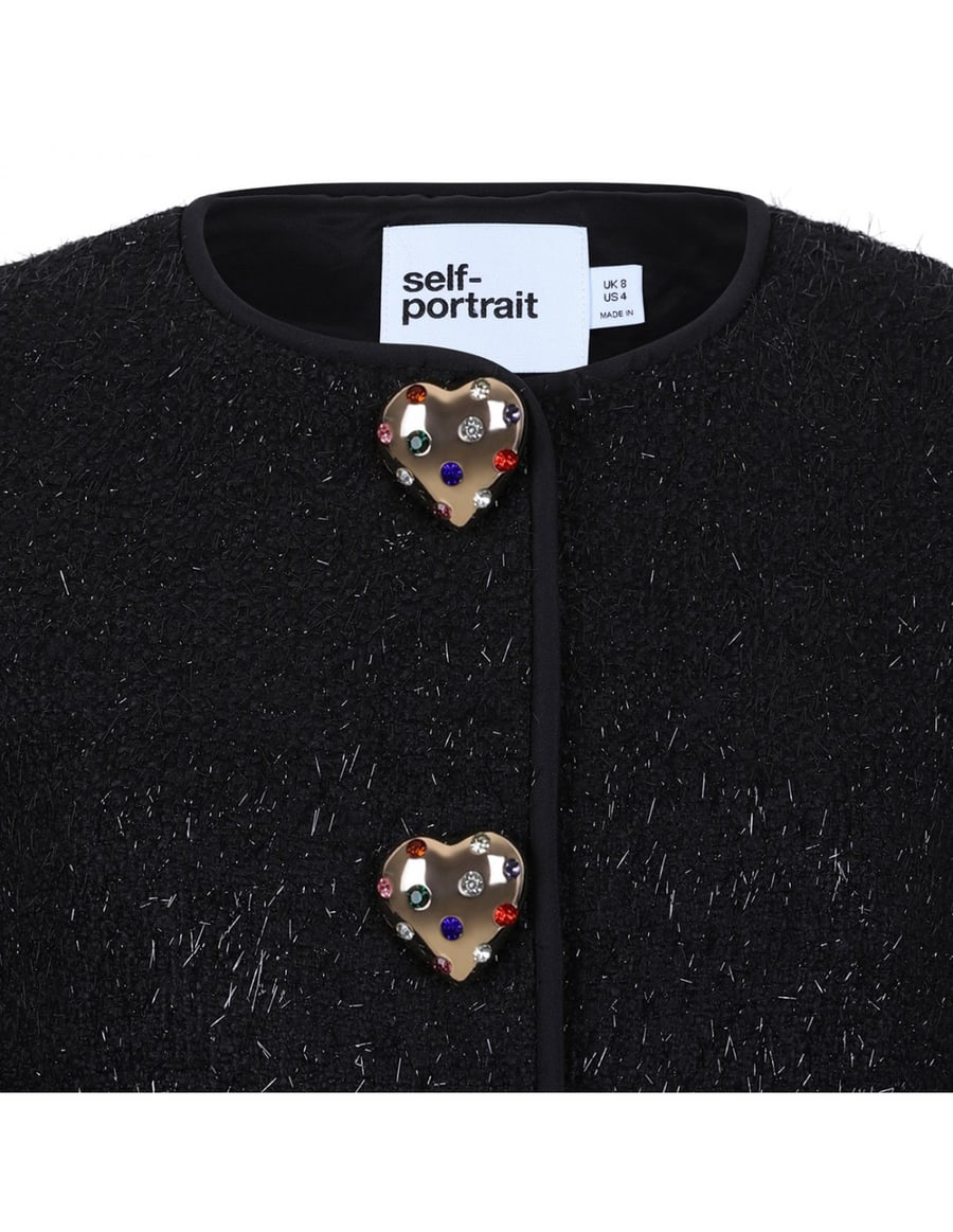 self-portrait Black metallic boucle fur cuff jacket, view 4