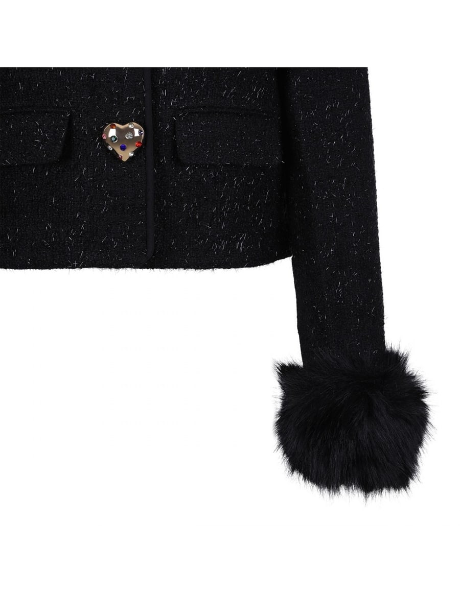 self-portrait Black metallic boucle fur cuff jacket, view 5