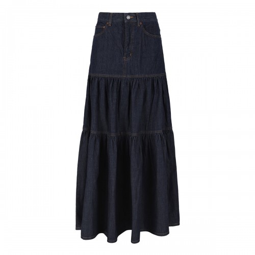 Saint Laurent Denim long ruffled skirt