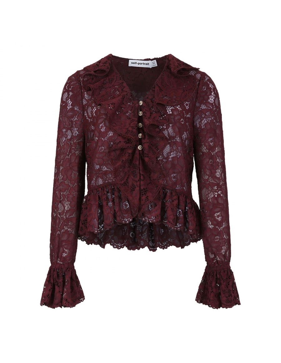 self-portrait Plum lace ruffle top, view 2