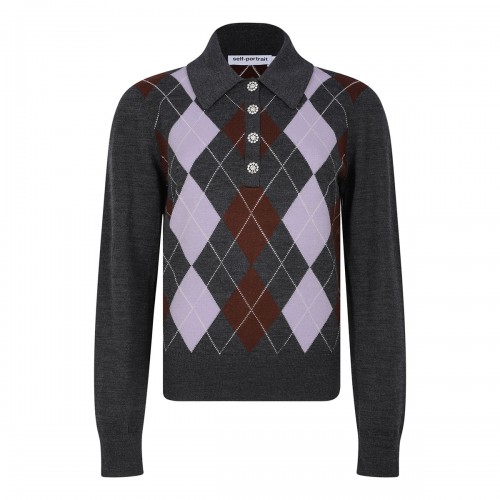 self-portrait Grey argyle lightweight sweater