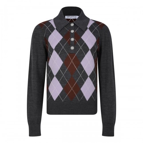 self-portrait Grey argyle lightweight sweater