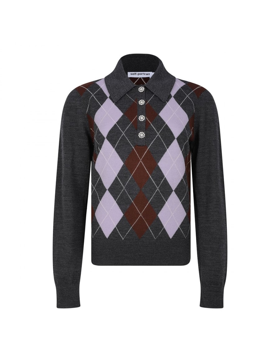 self-portrait Grey argyle lightweight sweater, view 2