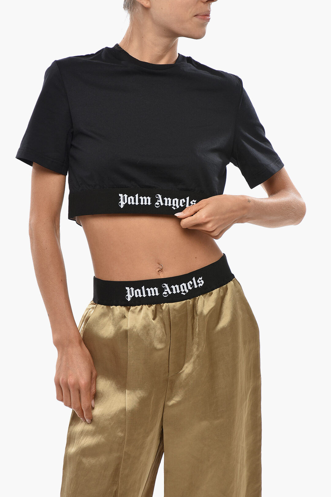 Palm Angels 0105~Cropped Cotton Crew Neck T-Shirt With Elasticated Band