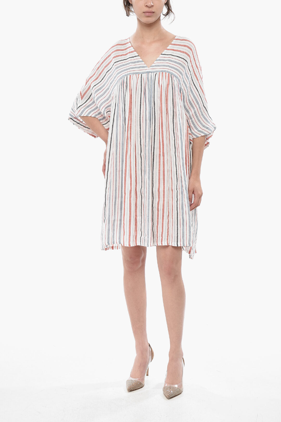 Woolrich 0135~Dress SUMMER VARSITY Mixed Linen Striped V-Neck