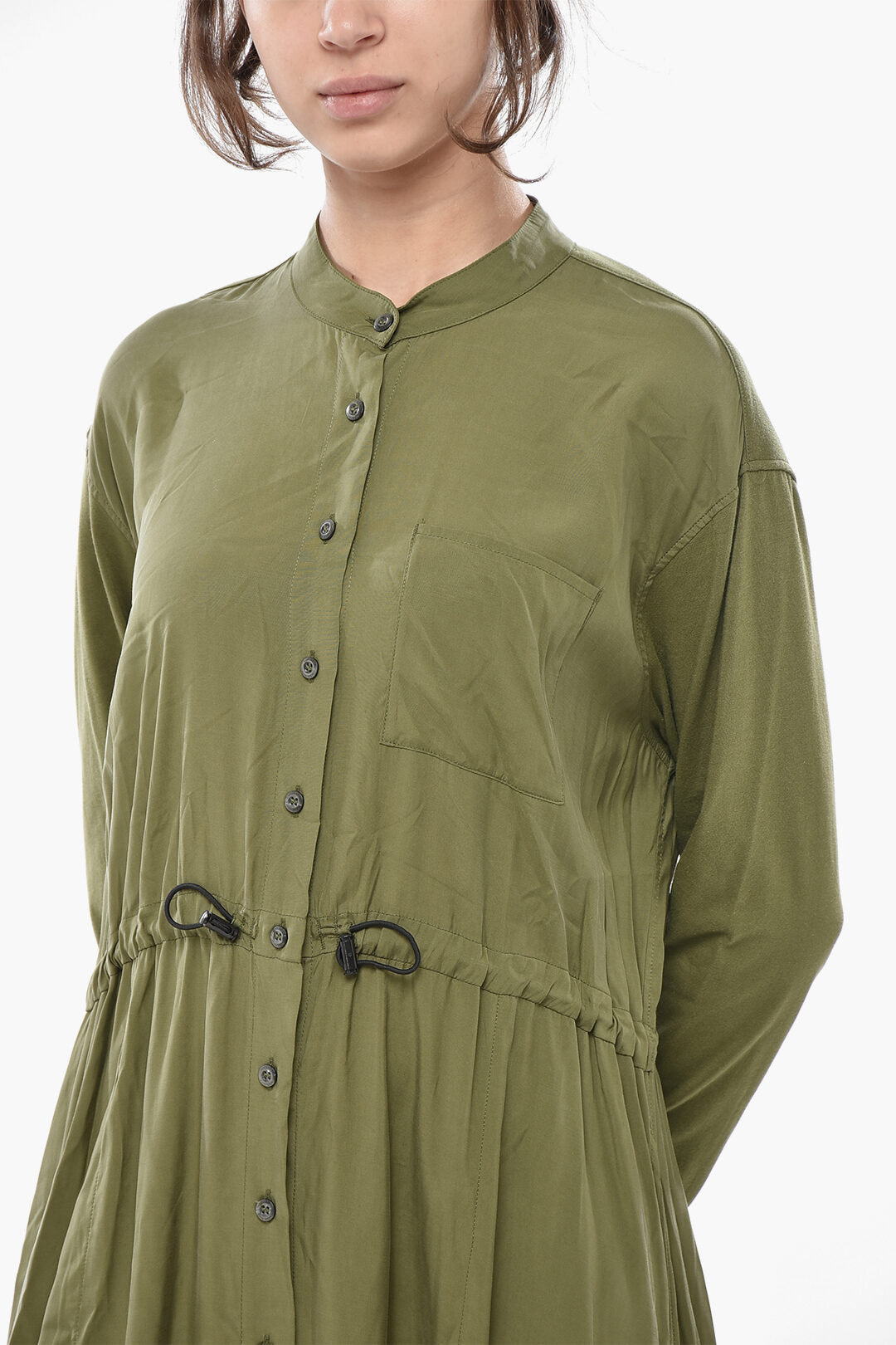 Woolrich 0135~Long Shirt Dress FLUID Flared With Drawstring And Korean Collar
