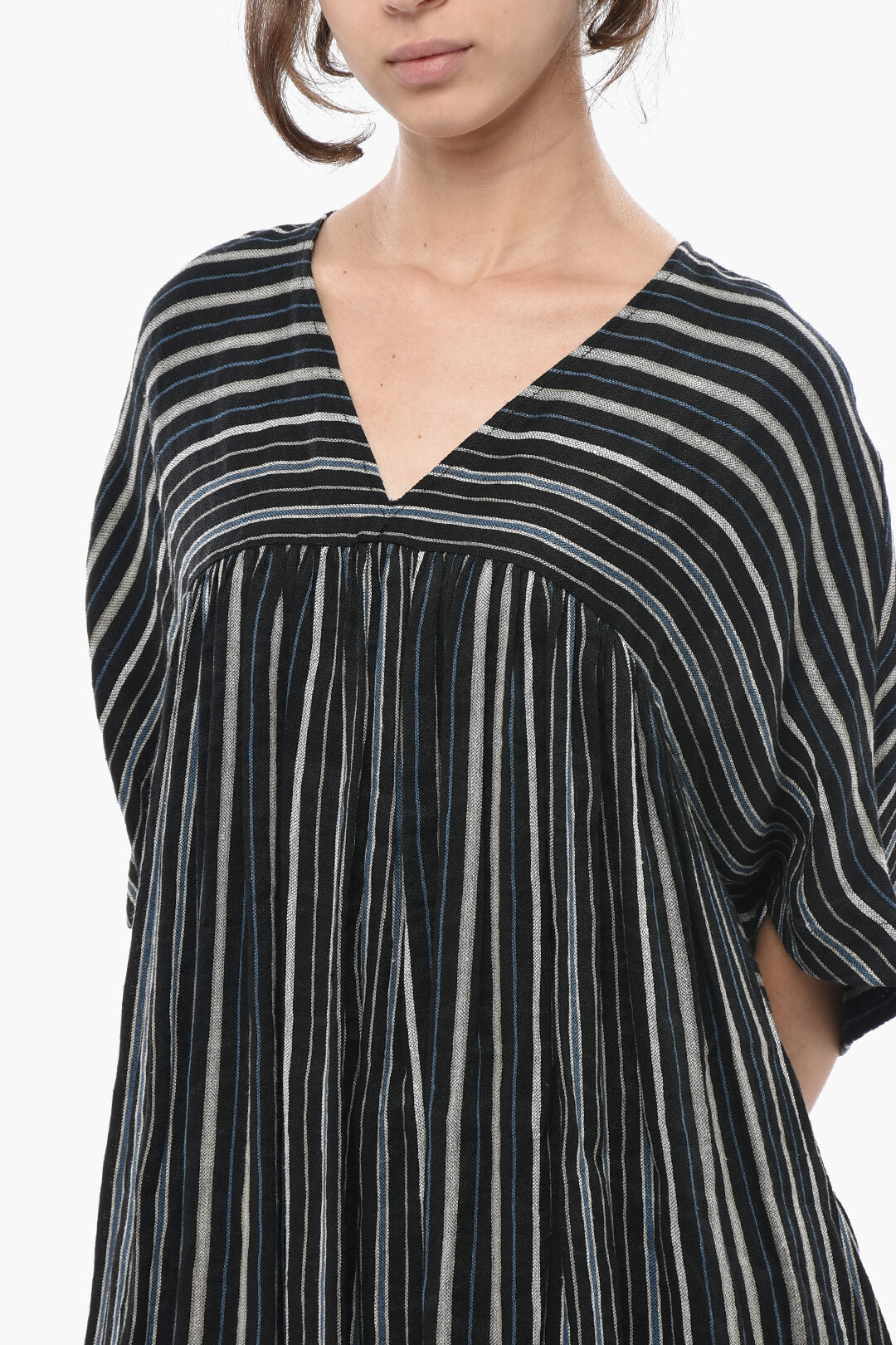 Woolrich 0135~Striped Linen-Blend Dress SUMMER VARSITY With V-Neck