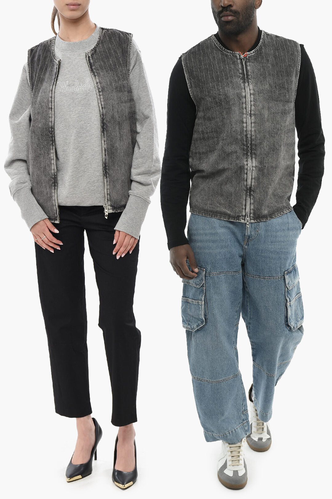 Diesel 0140~Pinstriped Burnout-Effect Denim Vest UNISEX D-SUND-S With Zip Closure