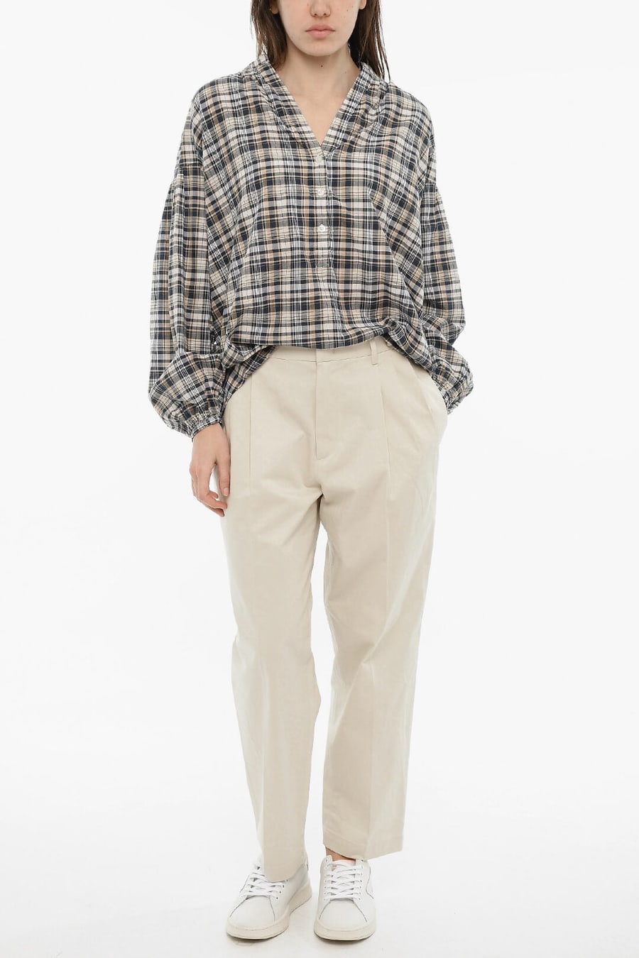 Woolrich 0201~Checked Blouse With V-Neck