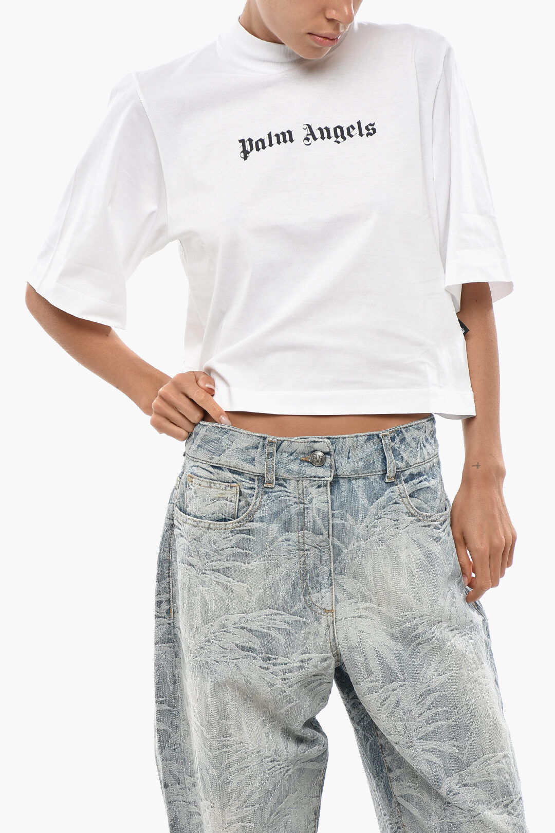 Palm Angels 0201~Cropped Cotton Crew Neck T-Shirt With Contrast Logo