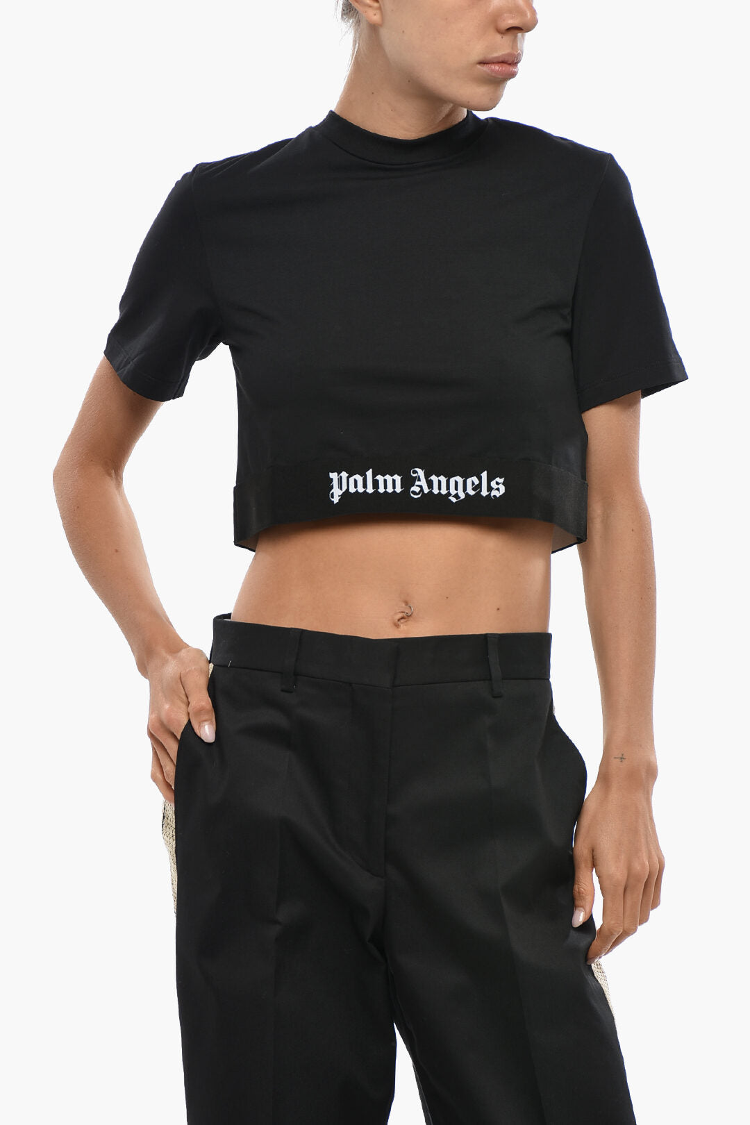 Palm Angels 0201~Cropped Cotton Crew Neck T-Shirt With Elasticated Band