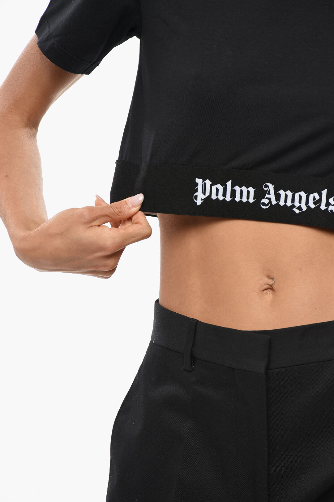 Palm Angels 0201~Cropped Cotton Crew Neck T-Shirt With Elasticated Band, view 2