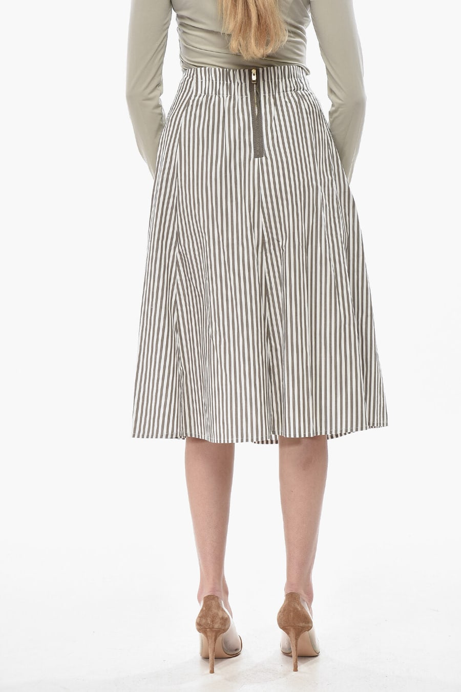 Woolrich 0201~Flared Striped Midi Skirt With Gold Zip, view 2