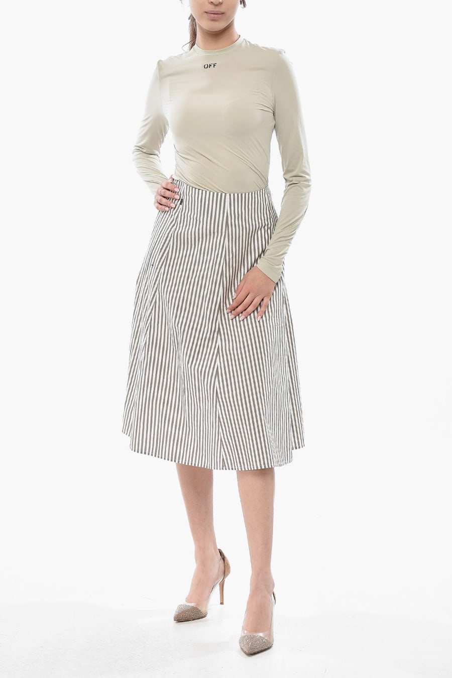 Woolrich 0201~Flared Striped Midi Skirt With Gold Zip, view 4