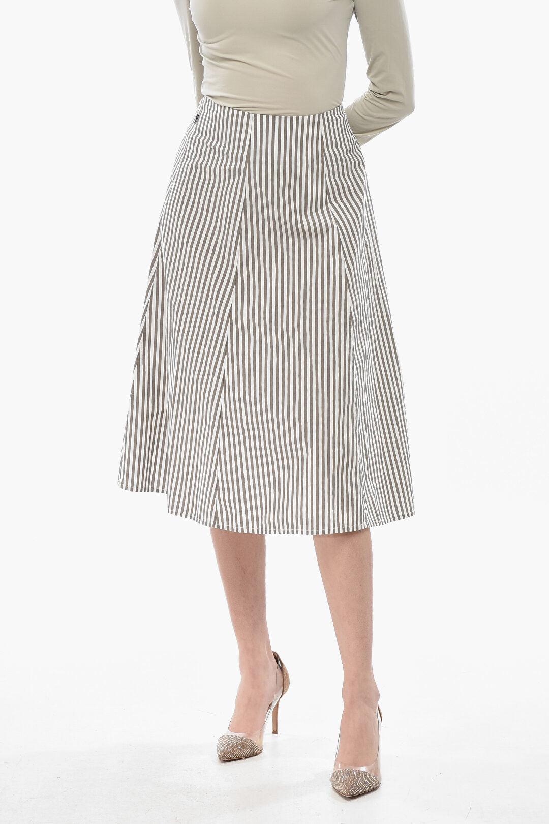 Woolrich 0201~Flared Striped Midi Skirt With Gold Zip
