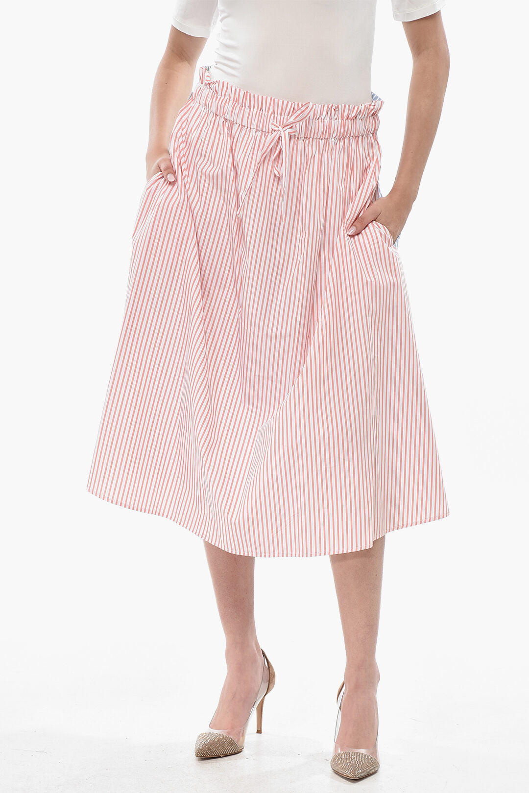 Woolrich 0201~Striped Cotton Poplin Midi Skirt With Elastic Waist