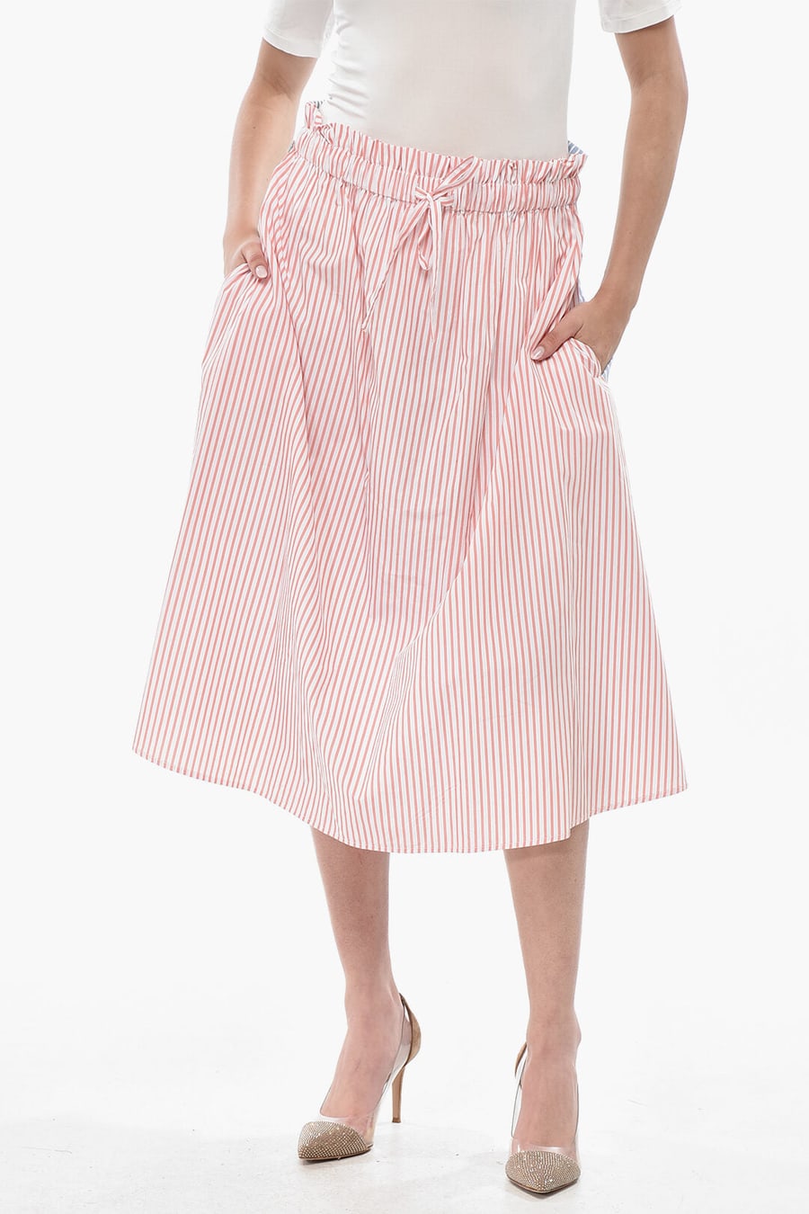 Woolrich 0201~Striped Cotton Poplin Midi Skirt With Elastic Waist