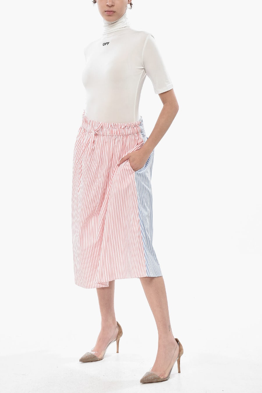 Woolrich 0201~Striped Cotton Poplin Midi Skirt With Elastic Waist, view 4