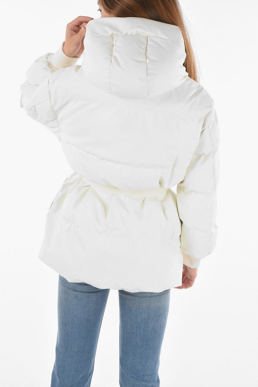 Stella McCartney 0290~Padded Faux Leather Bomber Hoodie KAYLA with Logo Belt at Waist, view 2