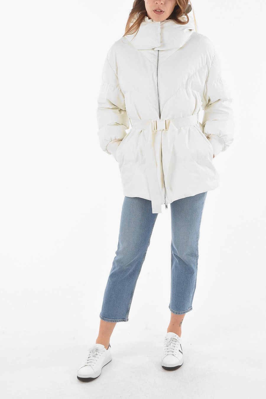 Stella McCartney 0290~Padded Faux Leather Bomber Hoodie KAYLA with Logo Belt at Waist, view 4