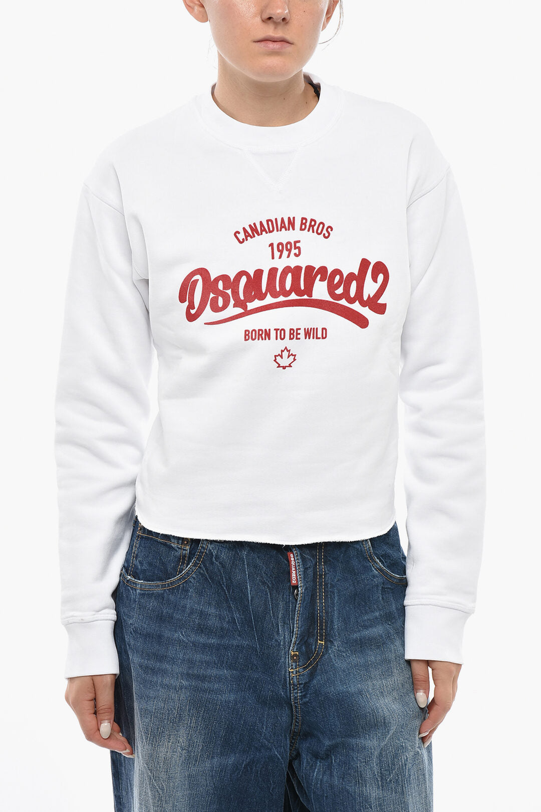 Dsquared2 0405~Cotton Cropped Crewneck Sweatshirt with Embossed Logo