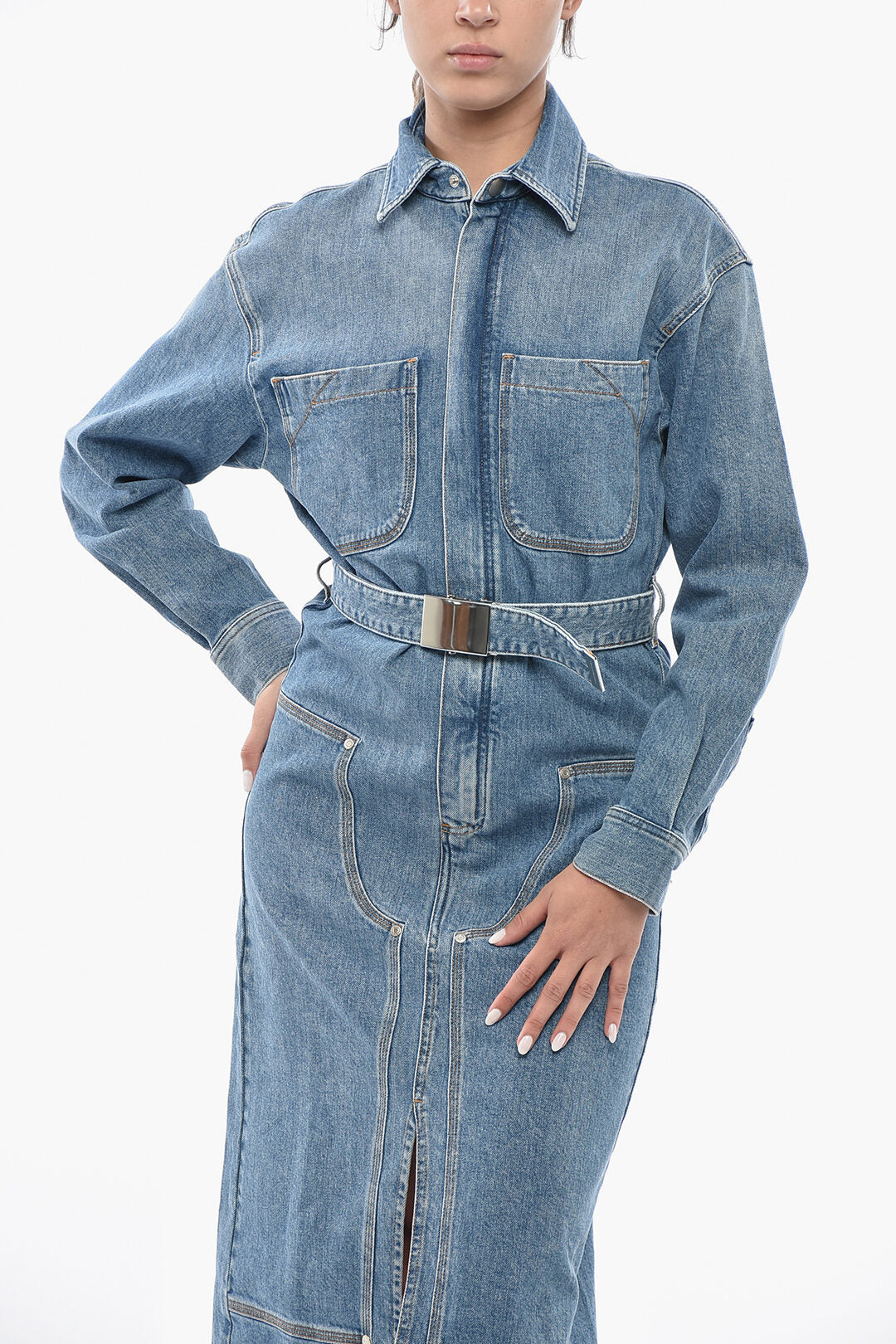 Stella McCartney 0405~Denim Dress with Long Sleeves, Two Patch Pockets and Belt, view 2