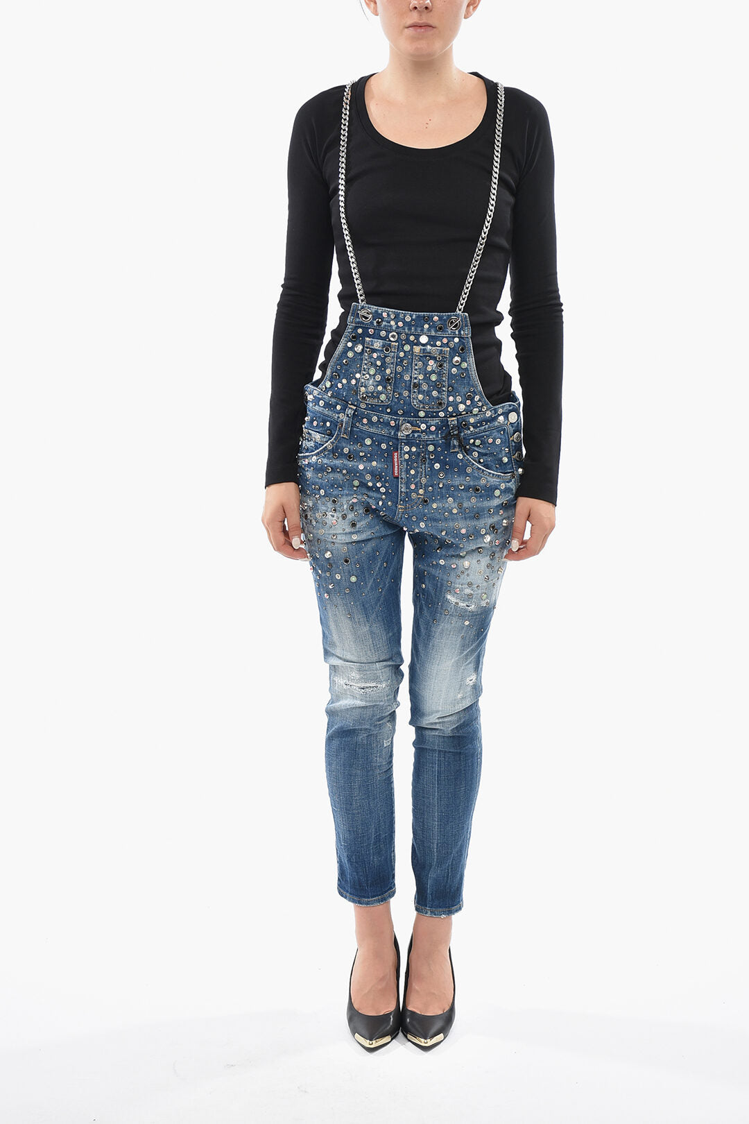 Dsquared2 0405~Denim Jumpsuit with Jewel Embellishments and Chain Straps