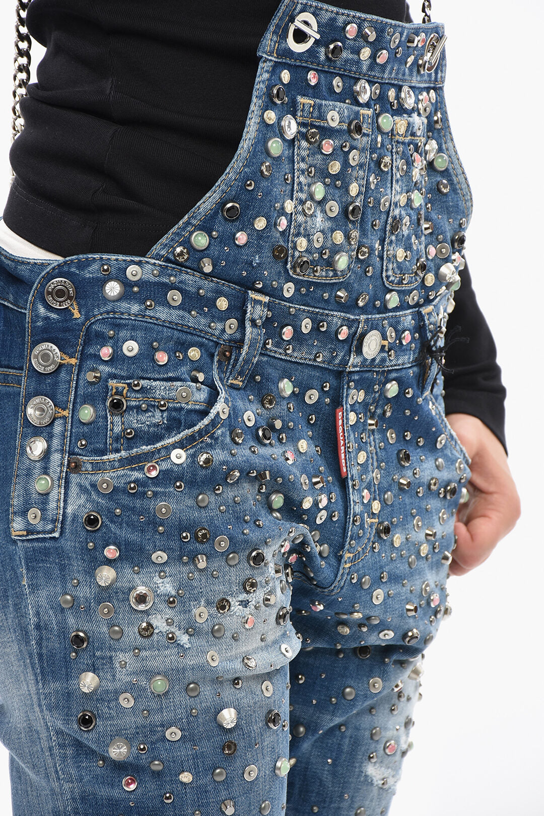 Dsquared2 0405~Denim Jumpsuit with Jewel Embellishments and Chain Straps, view 2