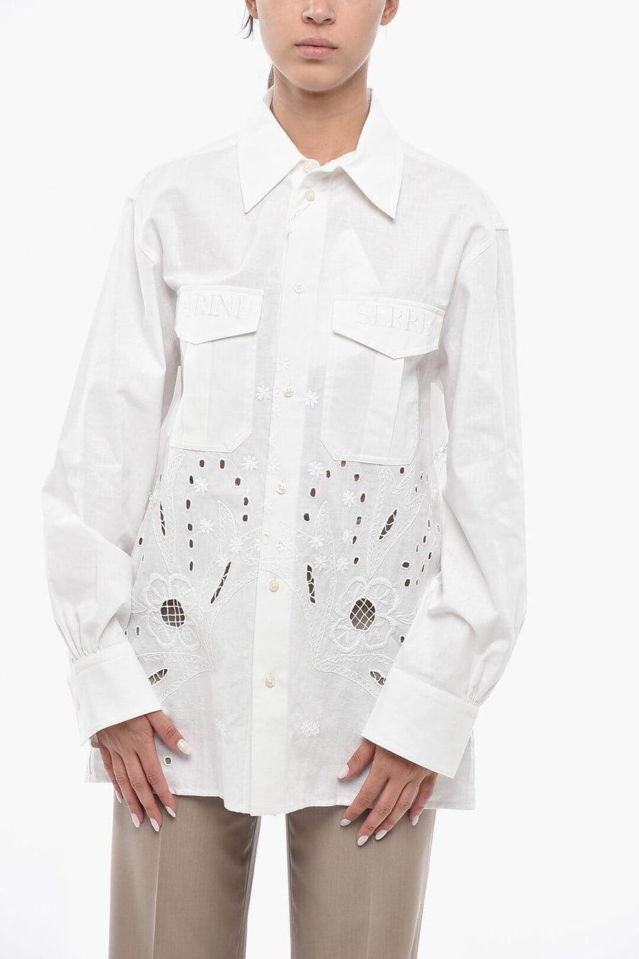 Marine Serre 0405~Eyelet Blouse With Logo Patch Pockets