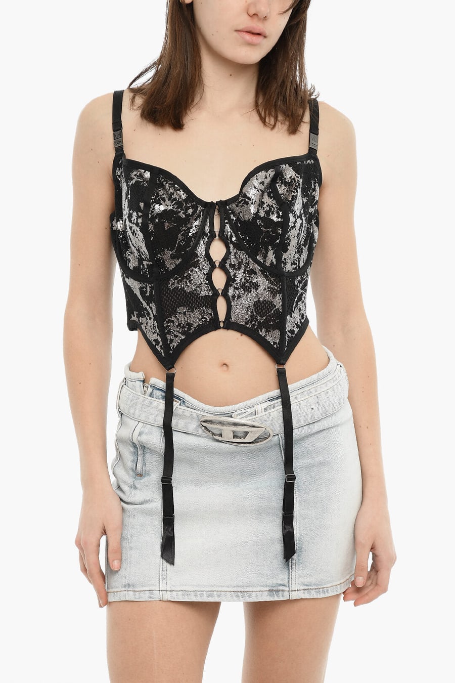 Diesel 0470~FENTY X RIHANNA Corset Top C-FISHNET Perforated Metallic Effect
