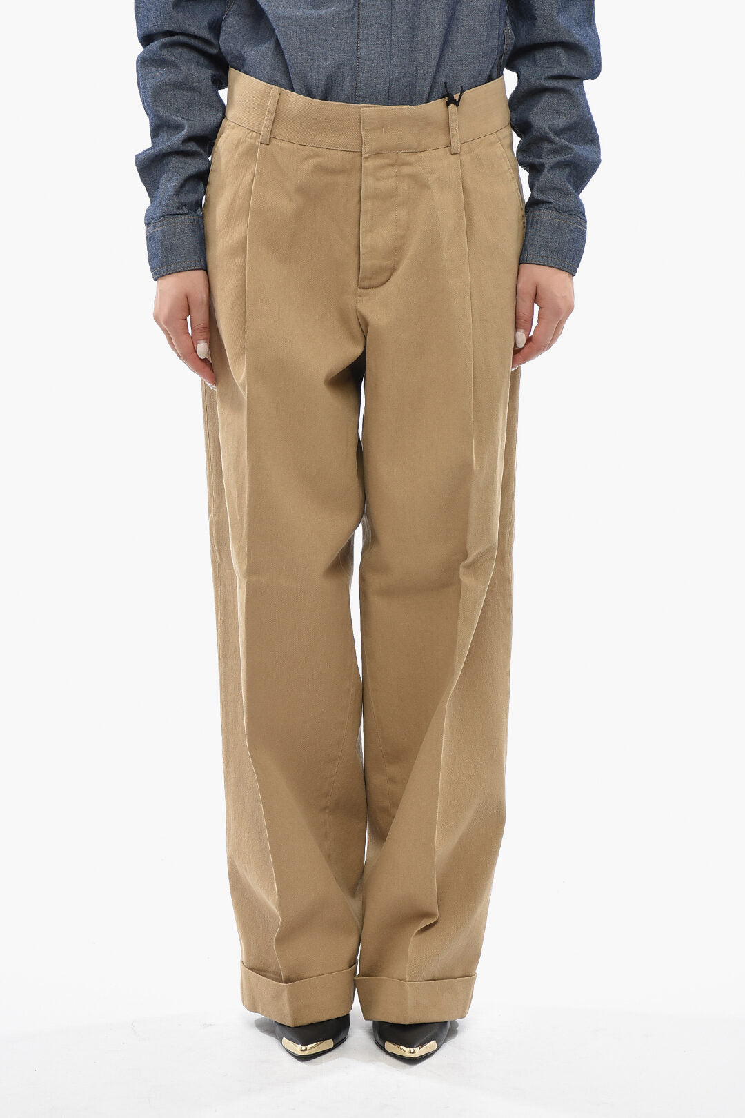 Dsquared2 0500~Cotton Single-Pleat Trousers with Hidden Button Fastening