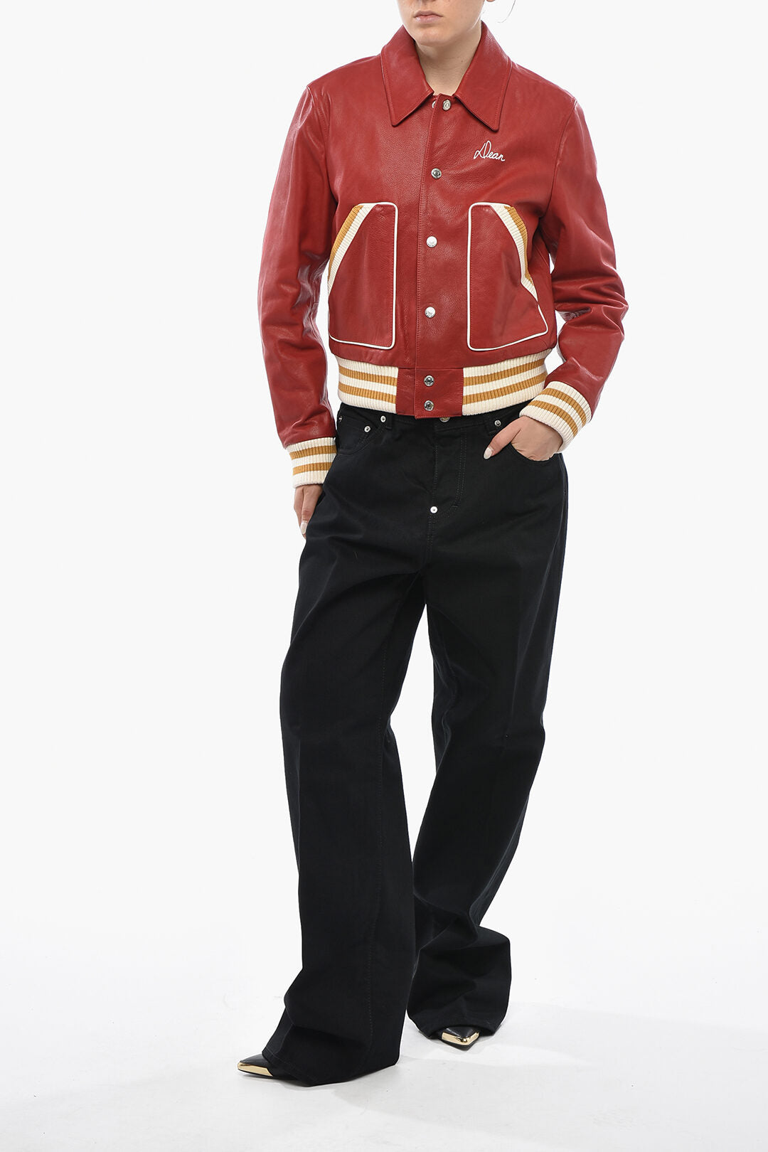 Dsquared2 0550~Hammered Leather Varsity Jacket with Snap Buttons