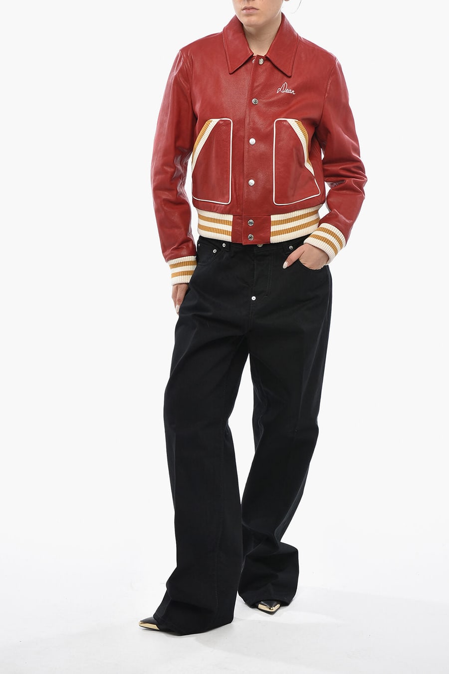 Dsquared2 0550~Hammered Leather Varsity Jacket with Snap Buttons