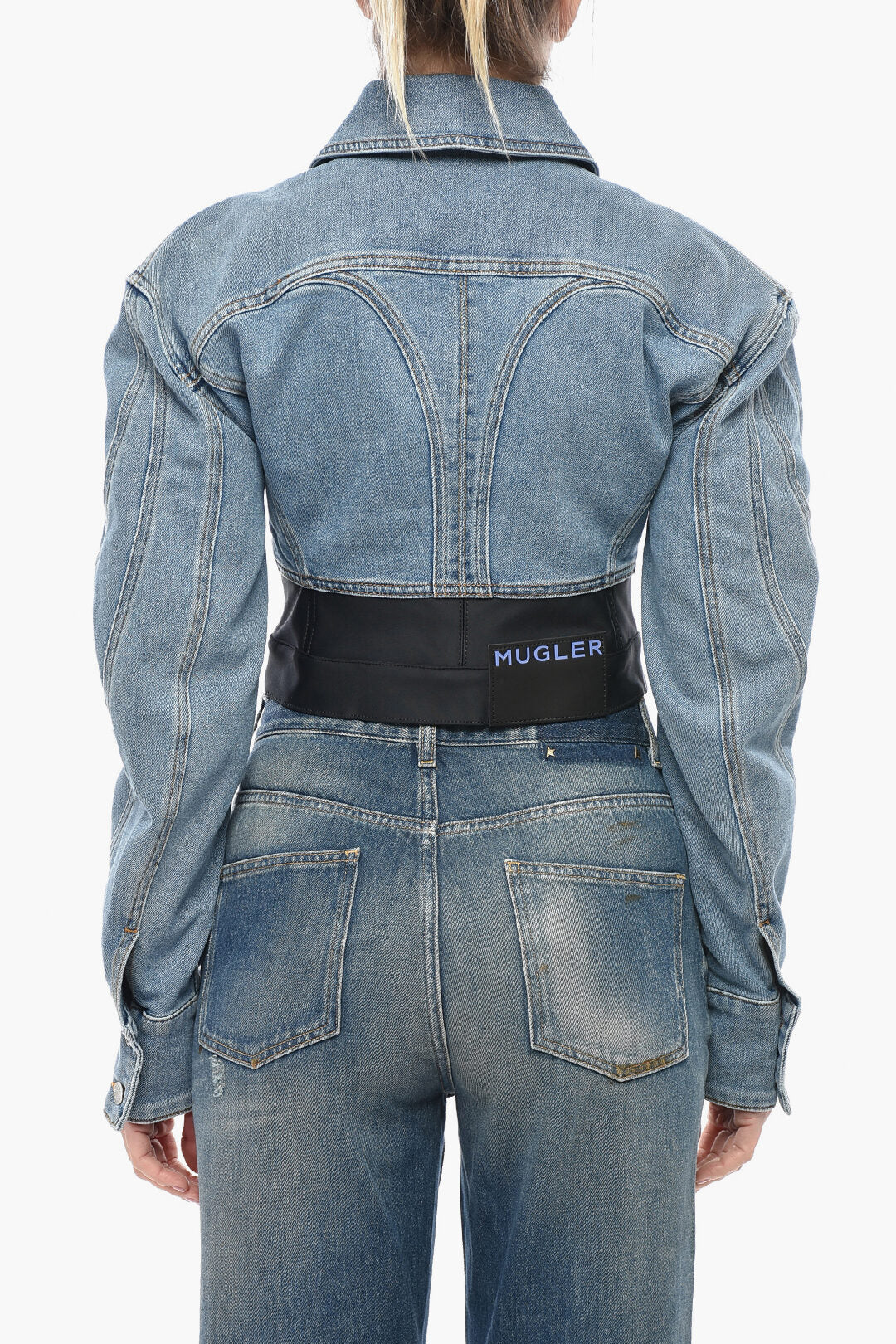 Mugler 0750~Cropped Denim Jacket with Jersey Detail