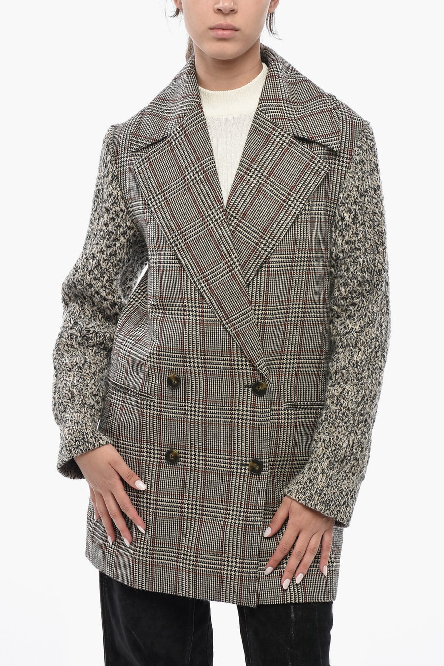 Stella McCartney 1250~Blazer Doppiopetto BLAYNEY Motivo Plaid con Maniche in Maglia