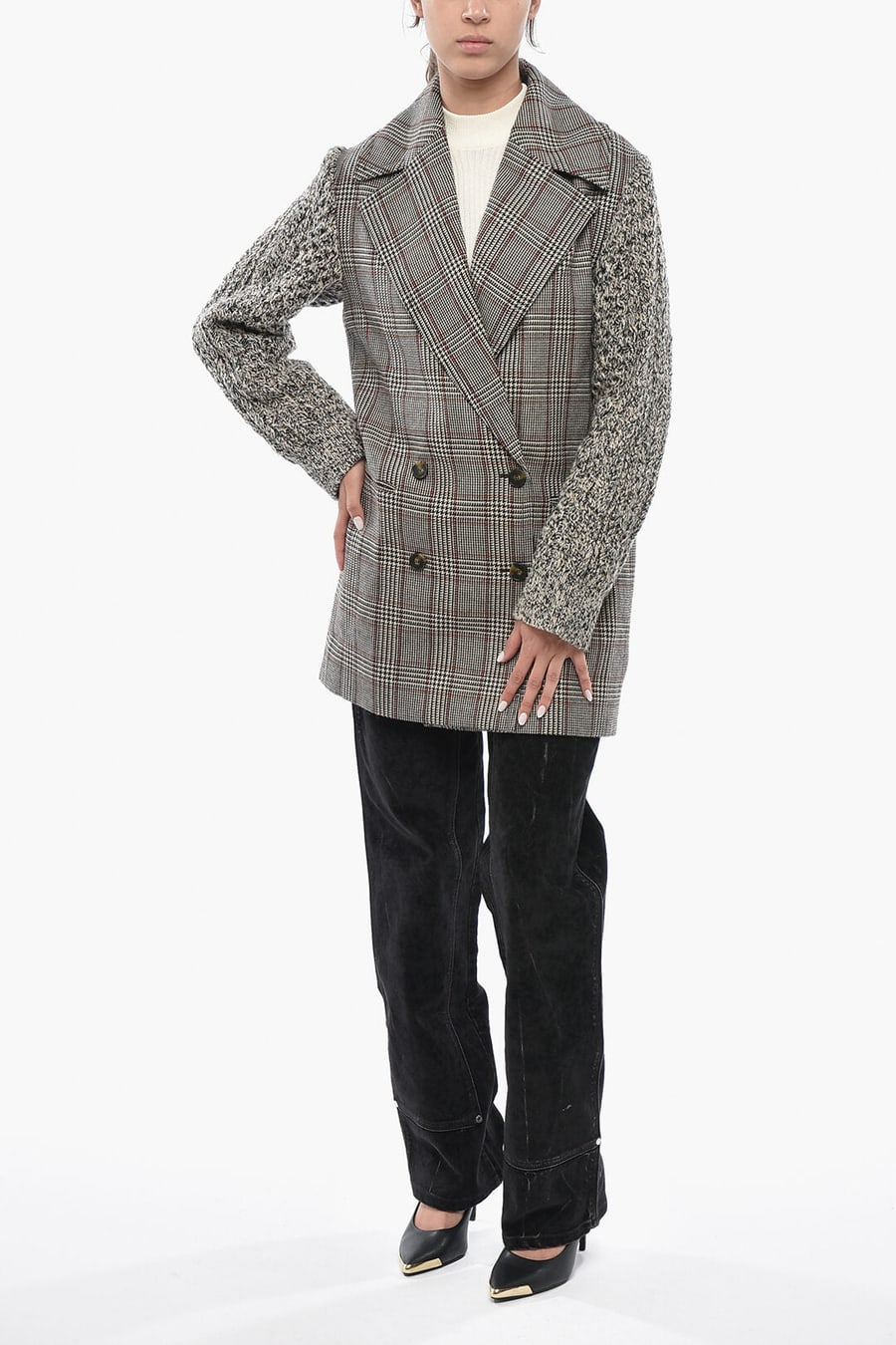 Stella McCartney 1250~Blazer Doppiopetto BLAYNEY Motivo Plaid con Maniche in Maglia, view 4