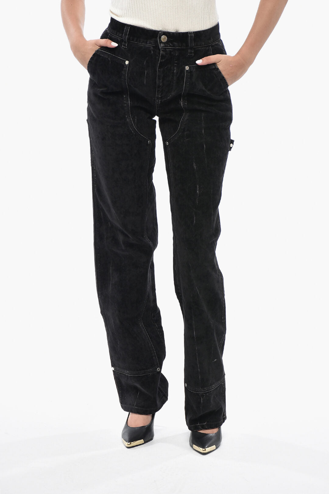 Stella McCartney 1500~Pantaloni Workwear in Denim Stretch con Finitura Vellutata 25cm