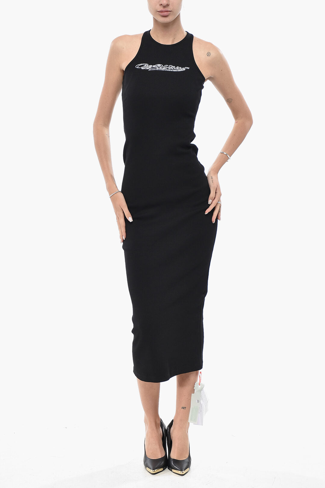 Off-White 1500~SEASONAL Stretch Cotton Tank Dress with Rhinestone Logo