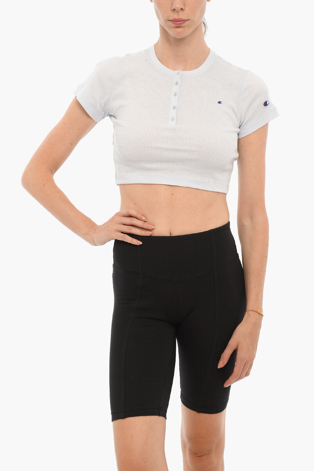 Champion 2405~Ribbed Crewneck Crop T-Shirt with Front Buttoning