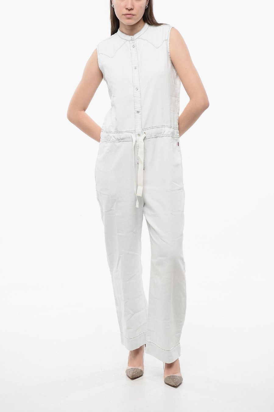 Woolrich 2405~Sleeveless Denim Jumpsuit with Drawstring Waist