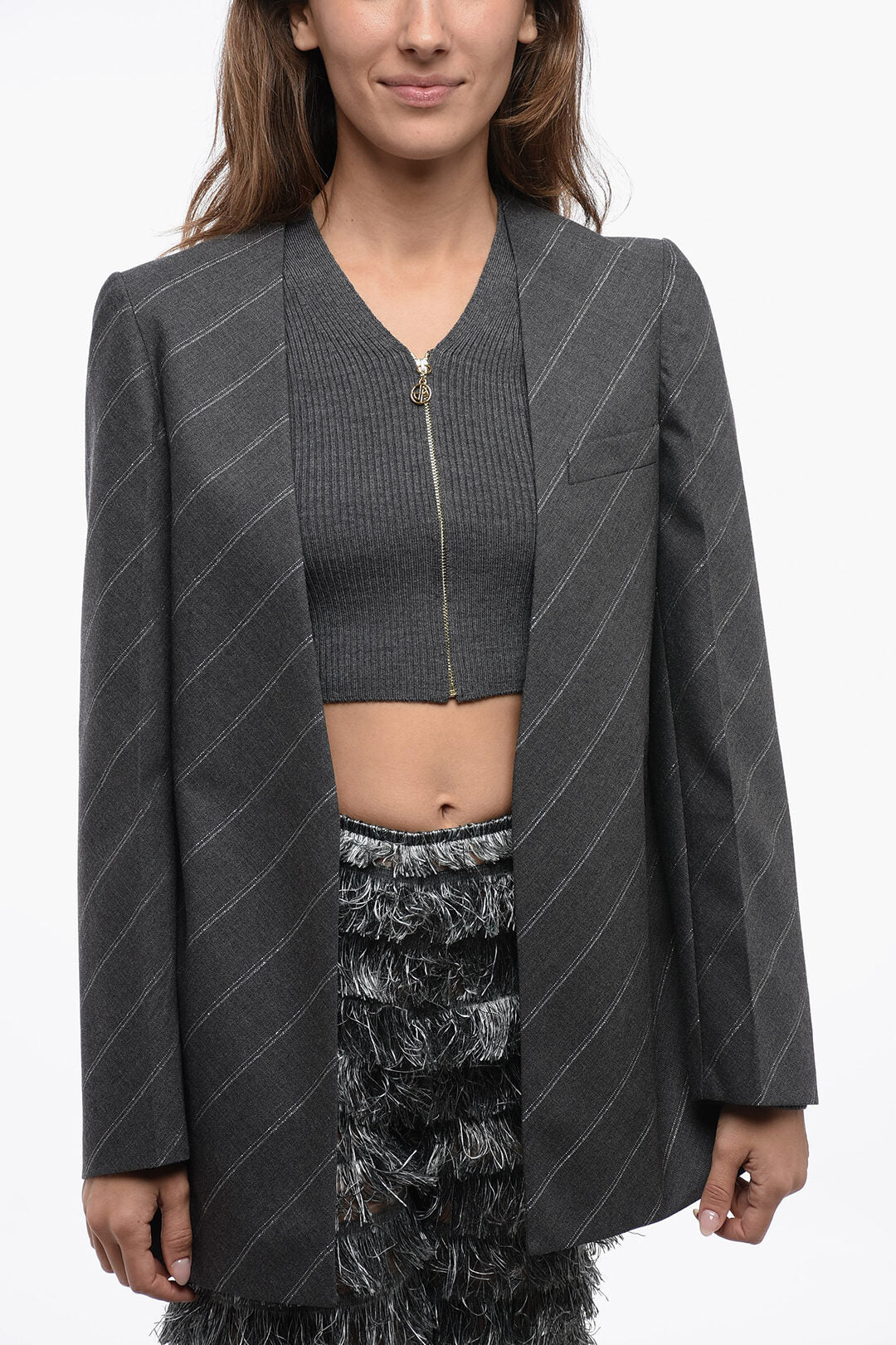 Stella McCartney 2470~Collarless Lurex-Striped Wool Blazer
