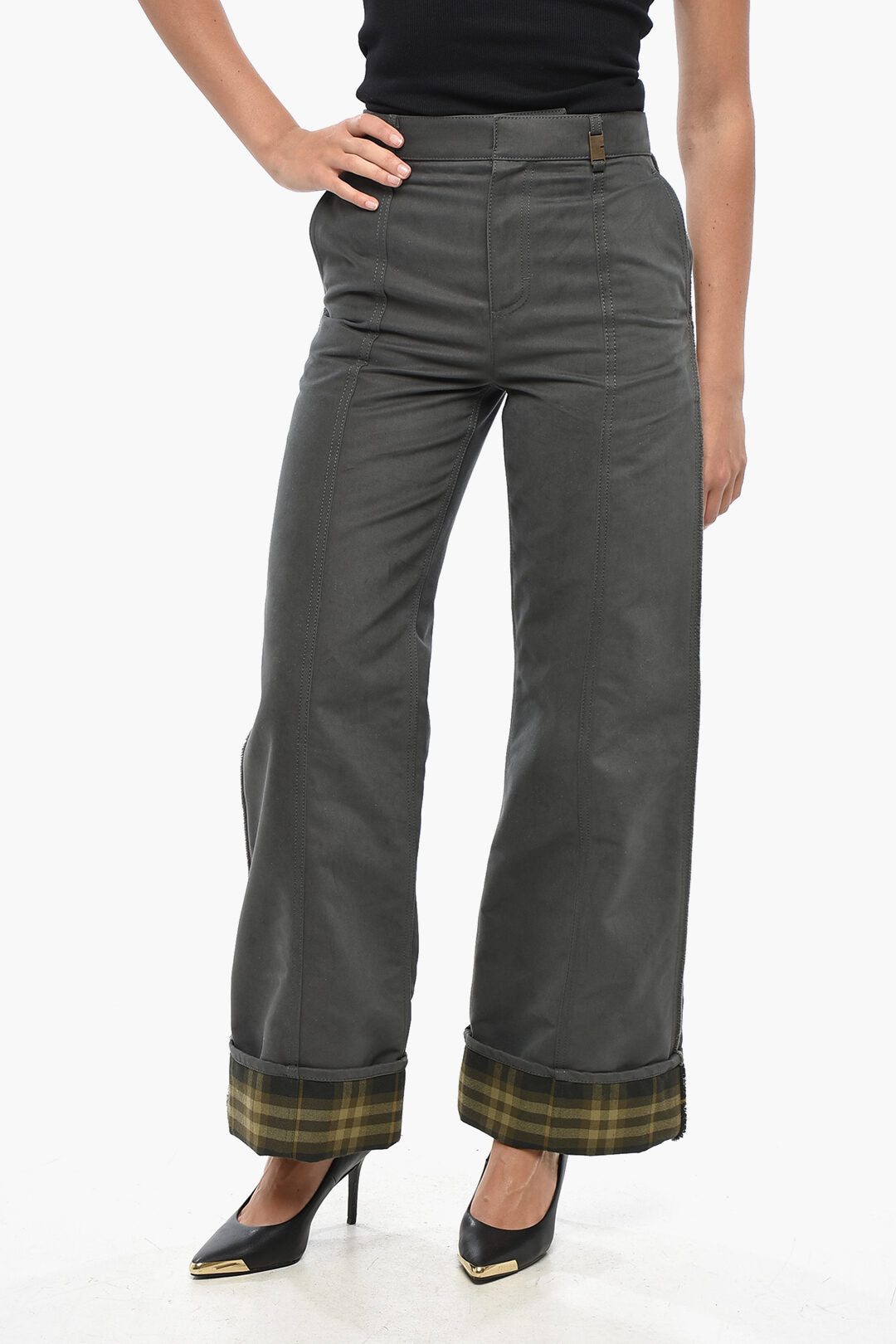Burberry 2470~Cotton 4-Pocket Trousers with Tartan Turn-Ups