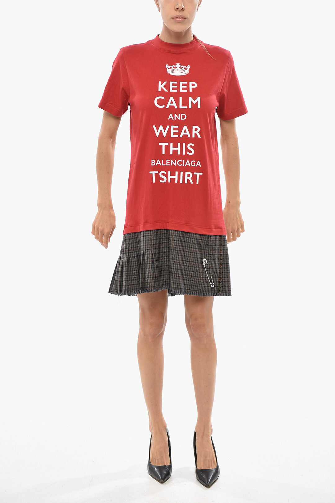 Balenciaga 2550~Tee Dress KEEP CALM with Pleated Checked Skirt