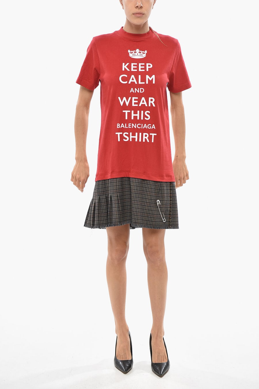 Balenciaga 2550~Tee Dress KEEP CALM with Pleated Checked Skirt