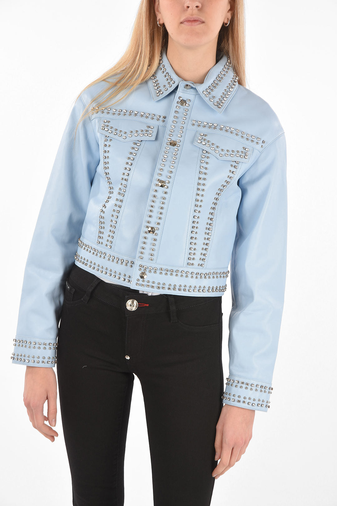 Philipp Plein 2750~COUTURE Leather Bomber Jacket CRYSTAL embellished with Crystals and Studs