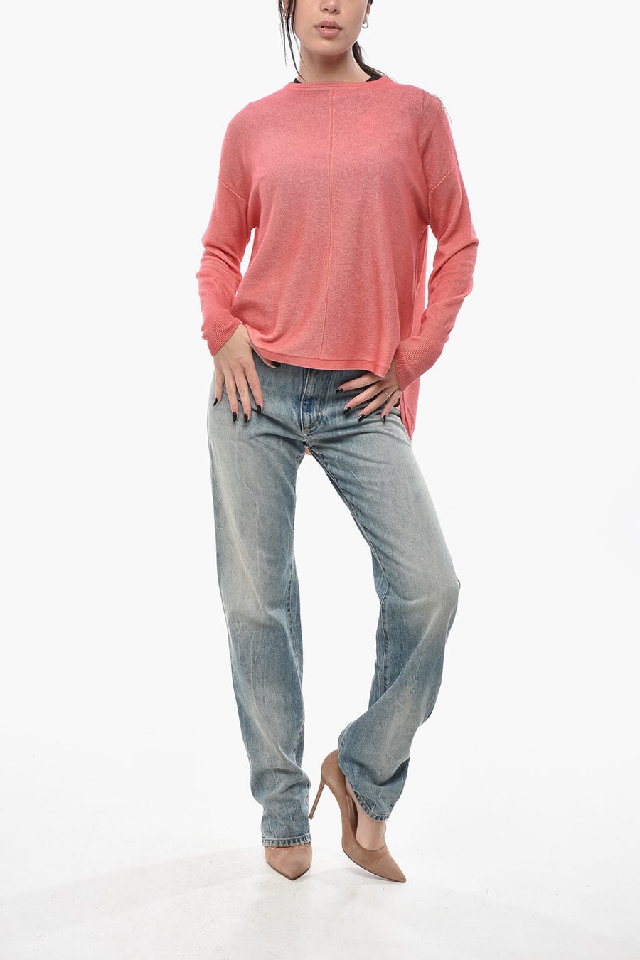 Oliver Lattughi 3050~Cashmere Crewneck Sweater SUNSET with Asymmetric Design, view 4