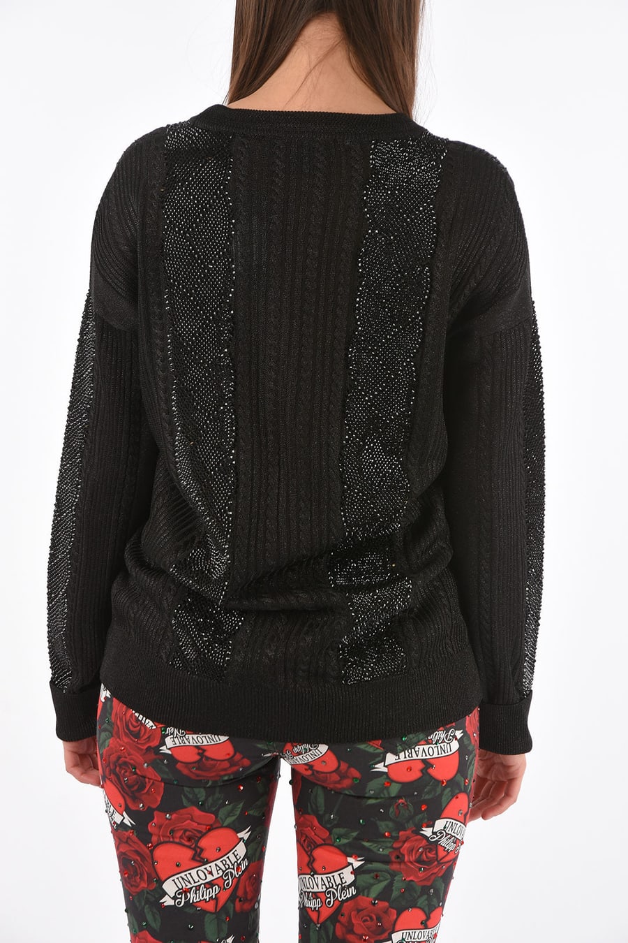 Philipp Plein 3500~COUTURE Lurex Cable-Knit Sweater LS with Crystals, view 2