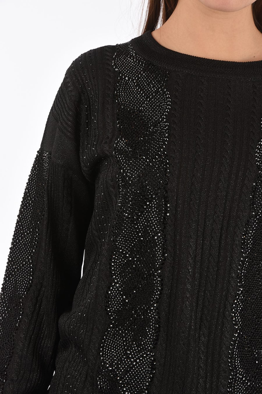 Philipp Plein 3500~COUTURE Lurex Cable-Knit Sweater LS with Crystals, view 3