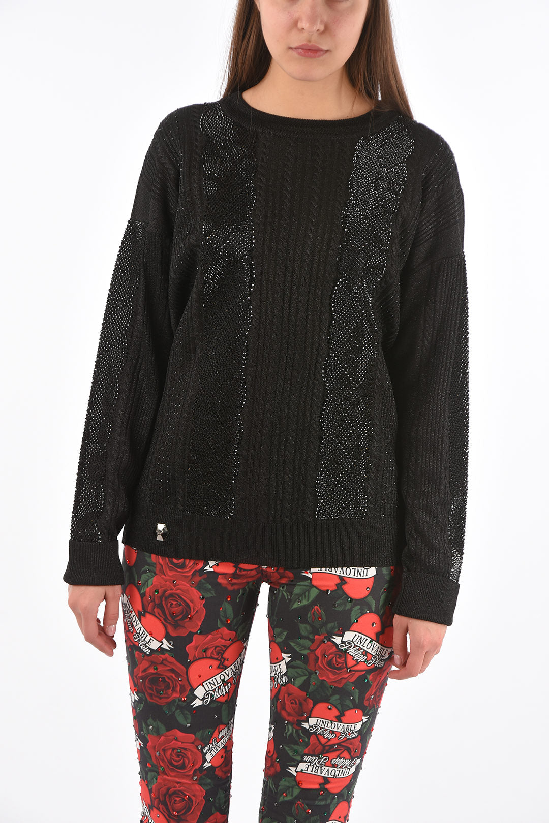 Philipp Plein 3500~COUTURE Lurex Cable-Knit Sweater LS with Crystals