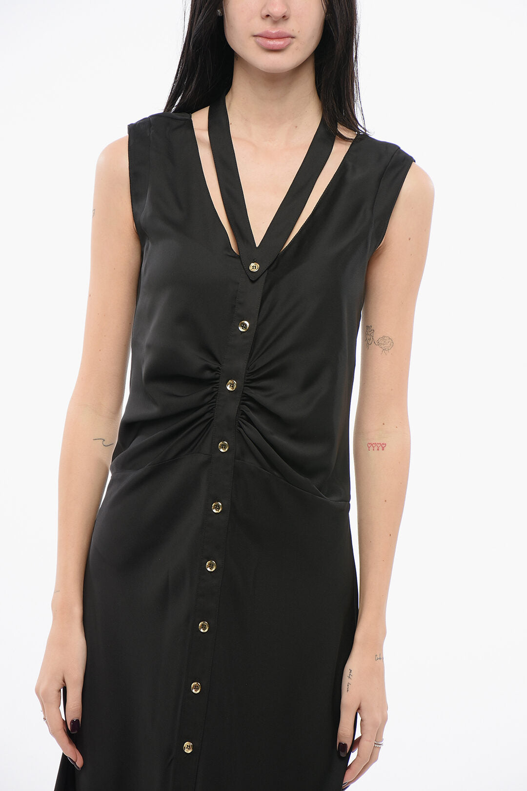 Pinko 3500~Satin Sleeveless Shirt Dress ACHELOO with Gold Buttons